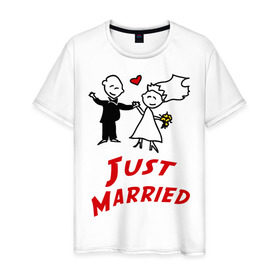 Мужская футболка хлопок с принтом Just married в Кировске, 100% хлопок | прямой крой, круглый вырез горловины, длина до линии бедер, слегка спущенное плечо. | для молодоженов | молодожены | мы только что поженились | невеста | супружеская | только поженились