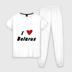 Женская пижама хлопок с принтом I love Belarus в Кировске, 100% хлопок | брюки и футболка прямого кроя, без карманов, на брюках мягкая резинка на поясе и по низу штанин | беларусы | беларусь | белоруссия | лукашенко | люблю | минск | флаг