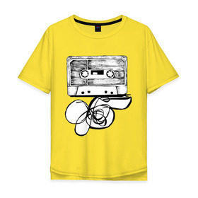 Мужская футболка хлопок Oversize с принтом Размотанная кассета в Кировске, 100% хлопок | свободный крой, круглый ворот, “спинка” длиннее передней части | Тематика изображения на принте: аудиокассета | дека | касеста | компакт кассета | музыка | размотанная кассета