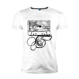 Мужская футболка премиум с принтом Размотанная кассета в Кировске, 92% хлопок, 8% лайкра | приталенный силуэт, круглый вырез ворота, длина до линии бедра, короткий рукав | аудиокассета | дека | касеста | компакт кассета | музыка | размотанная кассета