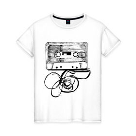 Женская футболка хлопок с принтом Размотанная кассета в Кировске, 100% хлопок | прямой крой, круглый вырез горловины, длина до линии бедер, слегка спущенное плечо | аудиокассета | дека | касеста | компакт кассета | музыка | размотанная кассета