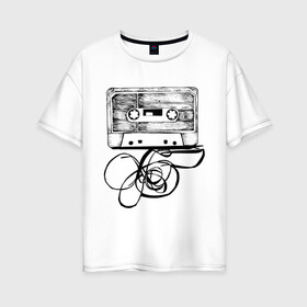 Женская футболка хлопок Oversize с принтом Размотанная кассета в Кировске, 100% хлопок | свободный крой, круглый ворот, спущенный рукав, длина до линии бедер
 | Тематика изображения на принте: аудиокассета | дека | касеста | компакт кассета | музыка | размотанная кассета