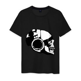 Мужская футболка хлопок с принтом Череп в наушниках (3) в Кировске, 100% хлопок | прямой крой, круглый вырез горловины, длина до линии бедер, слегка спущенное плечо. | Тематика изображения на принте: скелет