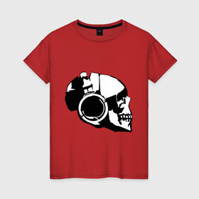 Женская футболка хлопок с принтом Череп в наушниках (3) в Кировске, 100% хлопок | прямой крой, круглый вырез горловины, длина до линии бедер, слегка спущенное плечо | скелет