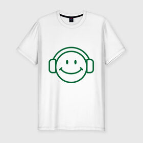 Мужская футболка премиум с принтом Смайл в наушниках в Кировске, 92% хлопок, 8% лайкра | приталенный силуэт, круглый вырез ворота, длина до линии бедра, короткий рукав | smile | наушники | смайл | смайлик | улыбка