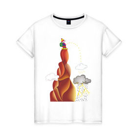 Женская футболка хлопок с принтом Турист писает в Кировске, 100% хлопок | прямой крой, круглый вырез горловины, длина до линии бедер, слегка спущенное плечо | вершина | гора | дождь | писать | прикольные | турист. рисунок