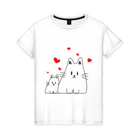 Женская футболка хлопок с принтом Кошачья любовь в Кировске, 100% хлопок | прямой крой, круглый вырез горловины, длина до линии бедер, слегка спущенное плечо | коты | кошачья любовь | кошки | любовь | сердце | чувства