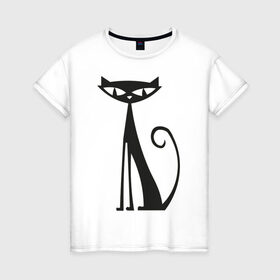 Женская футболка хлопок с принтом Элегантная кошечка в Кировске, 100% хлопок | прямой крой, круглый вырез горловины, длина до линии бедер, слегка спущенное плечо | cat | киса | кошечка | кошка | кошки | элегантная кошка