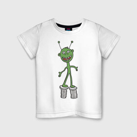 Детская футболка хлопок с принтом Инопланетянин на пружине в Кировске, 100% хлопок | круглый вырез горловины, полуприлегающий силуэт, длина до линии бедер | гуманоид | инопланетянин | космос | летающая тарелка | нло | пришелец | пришельцы | смешной пришелец | ходули