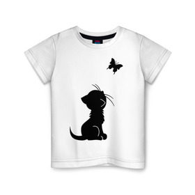 Детская футболка хлопок с принтом Котенок и бабочка в Кировске, 100% хлопок | круглый вырез горловины, полуприлегающий силуэт, длина до линии бедер | Тематика изображения на принте: бабочка