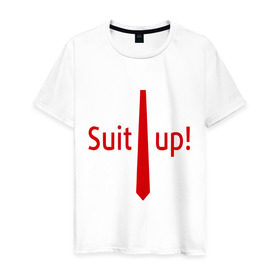 Мужская футболка хлопок с принтом Suit Up. (Приоденься) в Кировске, 100% хлопок | прямой крой, круглый вырез горловины, длина до линии бедер, слегка спущенное плечо. | suit up | приоденься