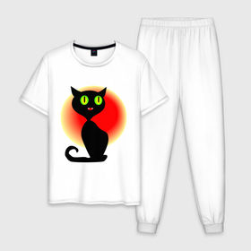 Мужская пижама хлопок с принтом Кошка на рассвете в Кировске, 100% хлопок | брюки и футболка прямого кроя, без карманов, на брюках мягкая резинка на поясе и по низу штанин
 | cat | киса | кошка | кошки | рассвет | солнце