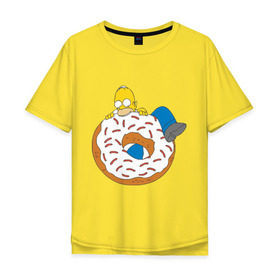 Мужская футболка хлопок Oversize с принтом Гомер ест пончик в Кировске, 100% хлопок | свободный крой, круглый ворот, “спинка” длиннее передней части | гомер