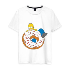 Мужская футболка хлопок с принтом Гомер ест пончик в Кировске, 100% хлопок | прямой крой, круглый вырез горловины, длина до линии бедер, слегка спущенное плечо. | гомер