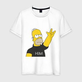 Мужская футболка хлопок с принтом Гомер rock фанат в Кировске, 100% хлопок | прямой крой, круглый вырез горловины, длина до линии бедер, слегка спущенное плечо. | Тематика изображения на принте: him | гомер