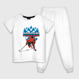 Детская пижама хлопок с принтом Россия(4) в Кировске, 100% хлопок |  брюки и футболка прямого кроя, без карманов, на брюках мягкая резинка на поясе и по низу штанин
 | Тематика изображения на принте: национальная лига | нхл | россия | хокей | хоккей | хоккейная лига | хоккейный клуб