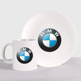 Набор: тарелка + кружка с принтом BMW в Кировске, керамика | Кружка: объем — 330 мл, диаметр — 80 мм. Принт наносится на бока кружки, можно сделать два разных изображения. 
Тарелка: диаметр - 210 мм, диаметр для нанесения принта - 120 мм. | bmw | авто | авто2012 | автомобиль | бмв | бренд | логотип | машина
