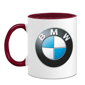 Кружка двухцветная с принтом BMW в Кировске, керамика | объем — 330 мл, диаметр — 80 мм. Цветная ручка и кайма сверху, в некоторых цветах — вся внутренняя часть | bmw | авто | авто2012 | автомобиль | бмв | бренд | логотип | машина