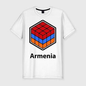 Мужская футболка премиум с принтом Кубик – Армения в Кировске, 92% хлопок, 8% лайкра | приталенный силуэт, круглый вырез ворота, длина до линии бедра, короткий рукав | Тематика изображения на принте: армения | армяне | армянин | ереван | кубик | кубик рубик | флаг | флаг армении в магическом кубике.armenia