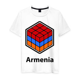 Мужская футболка хлопок с принтом Кубик – Армения в Кировске, 100% хлопок | прямой крой, круглый вырез горловины, длина до линии бедер, слегка спущенное плечо. | армения | армяне | армянин | ереван | кубик | кубик рубик | флаг | флаг армении в магическом кубике.armenia