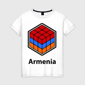 Женская футболка хлопок с принтом Кубик – Армения в Кировске, 100% хлопок | прямой крой, круглый вырез горловины, длина до линии бедер, слегка спущенное плечо | армения | армяне | армянин | ереван | кубик | кубик рубик | флаг | флаг армении в магическом кубике.armenia