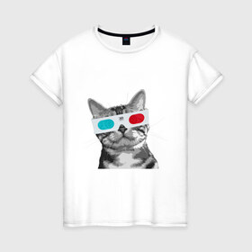 Женская футболка хлопок с принтом Кот в стереоочках в Кировске, 100% хлопок | прямой крой, круглый вырез горловины, длина до линии бедер, слегка спущенное плечо | анаглифы | кот | коты | кошки | стерео очки