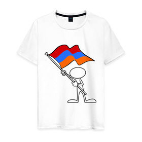 Мужская футболка хлопок с принтом Армения (человек с флагом) в Кировске, 100% хлопок | прямой крой, круглый вырез горловины, длина до линии бедер, слегка спущенное плечо. | armenia | армении | армения | армяне | армянин | армянка | ереван | флаг