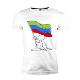 Мужская футболка премиум с принтом Дагестан (человек с флагом) в Кировске, 92% хлопок, 8% лайкра | приталенный силуэт, круглый вырез ворота, длина до линии бедра, короткий рукав | 05 регион | даг | дагестан | даги | кавказ | кавказский | кавказцы | флаг