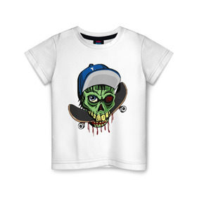 Детская футболка хлопок с принтом Череп держит в зубах скейтборд в Кировске, 100% хлопок | круглый вырез горловины, полуприлегающий силуэт, длина до линии бедер | зубы | скейт | скейтборд | череп