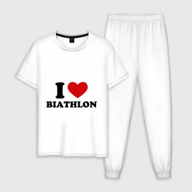 Мужская пижама хлопок с принтом Я люблю Биатлон — I love Biathlon в Кировске, 100% хлопок | брюки и футболка прямого кроя, без карманов, на брюках мягкая резинка на поясе и по низу штанин
 | биатлон | биатлонисты | я люблю