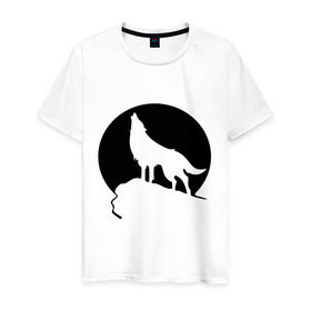 Мужская футболка хлопок с принтом Волк на фоне Луны в Кировске, 100% хлопок | прямой крой, круглый вырез горловины, длина до линии бедер, слегка спущенное плечо. | волк | животные | луна | утес | хищник