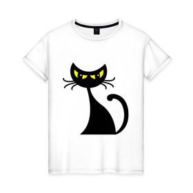 Женская футболка хлопок с принтом Хитрая кошка в Кировске, 100% хлопок | прямой крой, круглый вырез горловины, длина до линии бедер, слегка спущенное плечо | взгляд | глаза | кошка | хитрая кошка | черная кошка