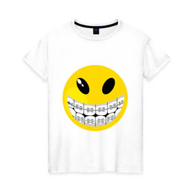 Женская футболка хлопок с принтом Смайл с брекетами в Кировске, 100% хлопок | прямой крой, круглый вырез горловины, длина до линии бедер, слегка спущенное плечо | smile | брекеты | зубы | смайл | смайлик | улыбка
