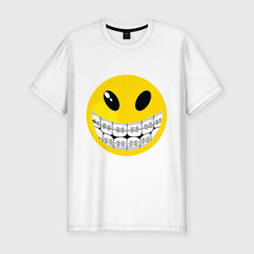 Мужская футболка премиум с принтом Смайл с брекетами в Кировске, 92% хлопок, 8% лайкра | приталенный силуэт, круглый вырез ворота, длина до линии бедра, короткий рукав | smile | брекеты | зубы | смайл | смайлик | улыбка