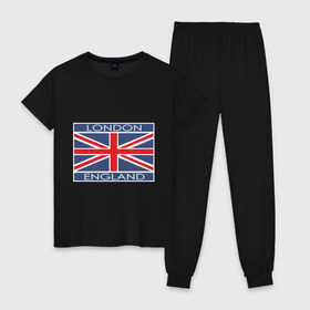 Женская пижама хлопок с принтом London - Лондон с флагом Англии в Кировске, 100% хлопок | брюки и футболка прямого кроя, без карманов, на брюках мягкая резинка на поясе и по низу штанин | лондон