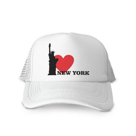 Кепка тракер с сеткой с принтом I love New York (NY Freedom) в Кировске, трикотажное полотно; задняя часть — сетка | длинный козырек, универсальный размер, пластиковая застежка | america | cша | i love ny | new york | usa | америка | нью йорк | статуя свободы