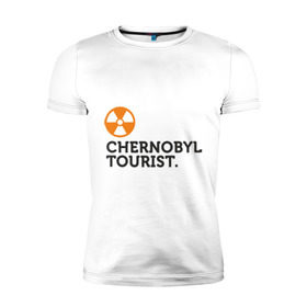 Мужская футболка премиум с принтом Chernobyl tourist в Кировске, 92% хлопок, 8% лайкра | приталенный силуэт, круглый вырез ворота, длина до линии бедра, короткий рукав | chernobyl tourist | аэс | радиация | турист | чернобыль