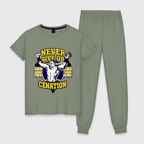 Женская пижама хлопок с принтом WWE John Cena Never Give Up (3) в Кировске, 100% хлопок | брюки и футболка прямого кроя, без карманов, на брюках мягкая резинка на поясе и по низу штанин | джон сина