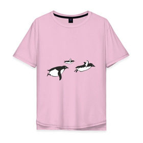 Мужская футболка хлопок Oversize с принтом Пингвины улетают в Кировске, 100% хлопок | свободный крой, круглый ворот, “спинка” длиннее передней части | арктика | животные | пингвины полетели.пингвины | птицы