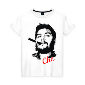 Женская футболка хлопок с принтом Че Гевара с сигарой в Кировске, 100% хлопок | прямой крой, круглый вырез горловины, длина до линии бедер, слегка спущенное плечо | che | guevara | гевара | куба | личность | революция | че