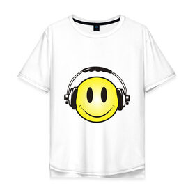 Мужская футболка хлопок Oversize с принтом Смайл в наушниках (2) в Кировске, 100% хлопок | свободный крой, круглый ворот, “спинка” длиннее передней части | Тематика изображения на принте: smile | смайл | смайлик | улыбка | шаушники