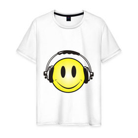 Мужская футболка хлопок с принтом Смайл в наушниках (2) в Кировске, 100% хлопок | прямой крой, круглый вырез горловины, длина до линии бедер, слегка спущенное плечо. | Тематика изображения на принте: smile | смайл | смайлик | улыбка | шаушники