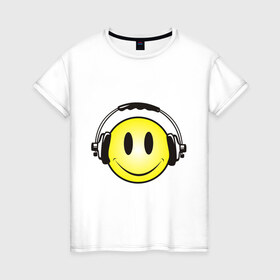 Женская футболка хлопок с принтом Смайл в наушниках (2) в Кировске, 100% хлопок | прямой крой, круглый вырез горловины, длина до линии бедер, слегка спущенное плечо | smile | смайл | смайлик | улыбка | шаушники