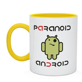 Кружка двухцветная с принтом Paranoid android в Кировске, керамика | объем — 330 мл, диаметр — 80 мм. Цветная ручка и кайма сверху, в некоторых цветах — вся внутренняя часть | 