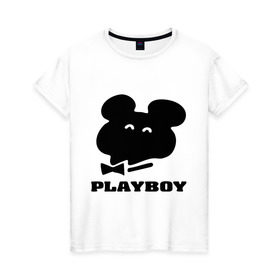 Женская футболка хлопок с принтом Playboy mishka в Кировске, 100% хлопок | прямой крой, круглый вырез горловины, длина до линии бедер, слегка спущенное плечо | mishka | playboy | медведь | мишка | олимпиада 80 | олимпийский мишка | плейбой