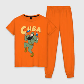 Женская пижама хлопок с принтом Cuba - Fidel Castro в Кировске, 100% хлопок | брюки и футболка прямого кроя, без карманов, на брюках мягкая резинка на поясе и по низу штанин | castro | cuba | fidel | кастро | куба | лидер | фидель