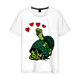 Мужская футболка хлопок с принтом Turtle `s Love в Кировске, 100% хлопок | прямой крой, круглый вырез горловины, длина до линии бедер, слегка спущенное плечо. | Тематика изображения на принте: turtles love | каска | любовь | черепаха | черепашка | черепашки