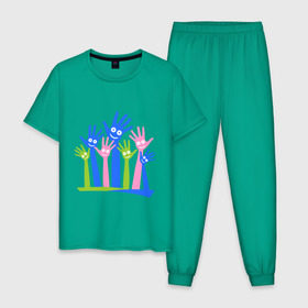 Мужская пижама хлопок с принтом Hands Up в Кировске, 100% хлопок | брюки и футболка прямого кроя, без карманов, на брюках мягкая резинка на поясе и по низу штанин
 | glow | hands | up | вверх | руки | светяться | светящиеся | стетиться