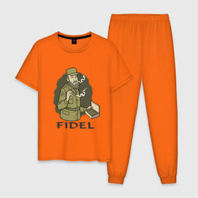 Мужская пижама хлопок с принтом Fidel Castro - Фидель Кастро в Кировске, 100% хлопок | брюки и футболка прямого кроя, без карманов, на брюках мягкая резинка на поясе и по низу штанин
 | castro | cuba | fidel | кастро | куба | лидер | фидель