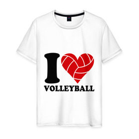 Мужская футболка хлопок с принтом I love volleyball - Я люблю волейбол в Кировске, 100% хлопок | прямой крой, круглый вырез горловины, длина до линии бедер, слегка спущенное плечо. | Тематика изображения на принте: волейбол
